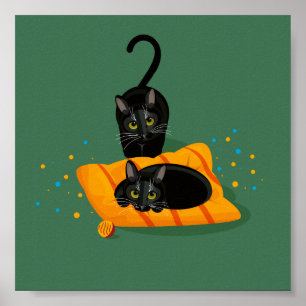 Två geometriska svarta katter ett satt på kudden poster
