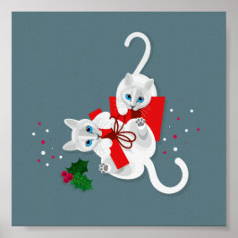 Två geometriska vita katter som leker med present poster