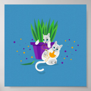 Två geometriska vita katter som leker runt poster