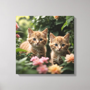 Två Ginger Kittens utforskar en Lush Garden Canvastryck
