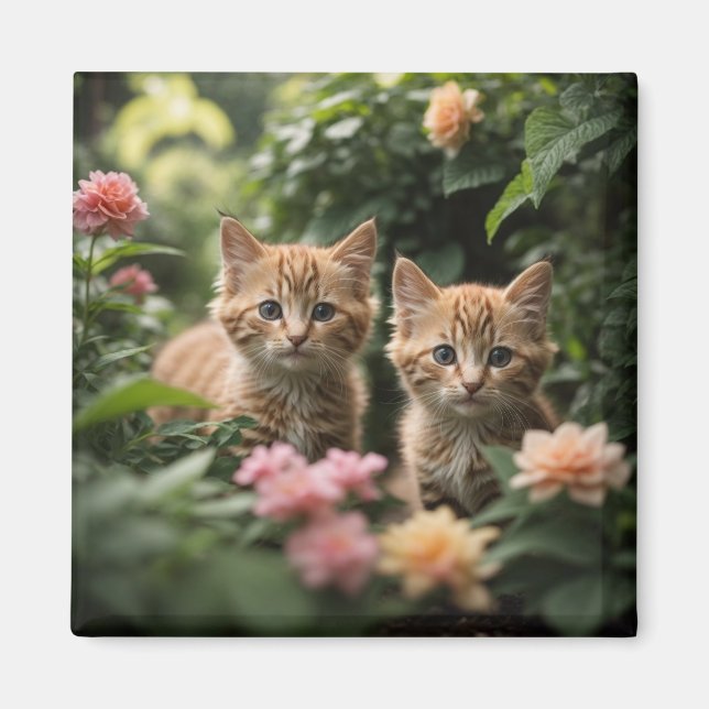 Två Ginger Kittens utforskar en Lush Garden Magnet (Framsidan)