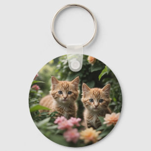 Två Ginger Kittens utforskar en Lush Garden Nyckelring