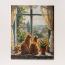 Två gingerkatter som tittar ut genom ett fönster  