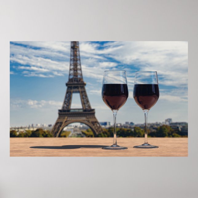 Två glas vin med Eiffel torn Poster (Framsidan)