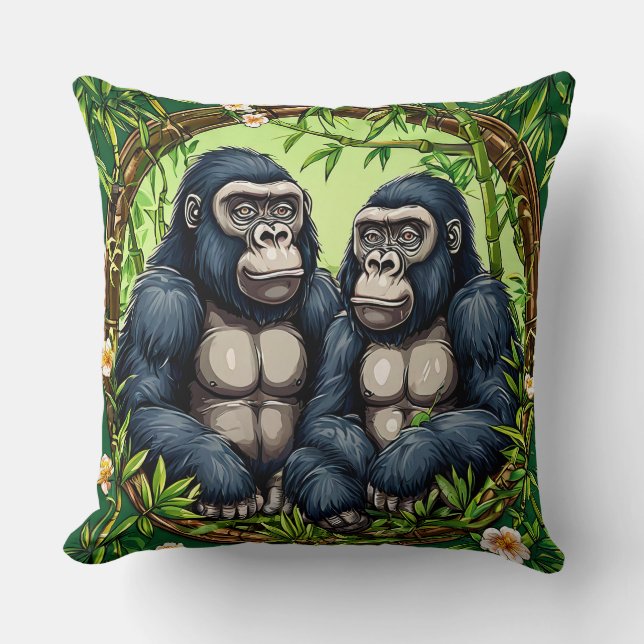 Två gorillor i en tropisk bamburam kudde (Framsida)