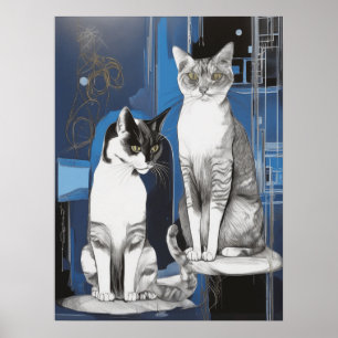 Två Grått Cats på Abstraktens bakgrund Poster