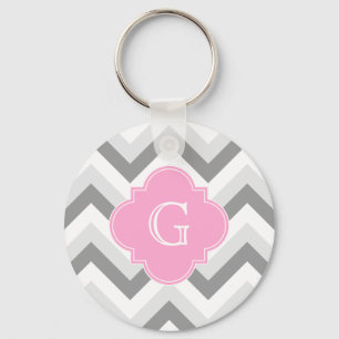 Två Grått White Chevron Rosa Quatrefoil Monogram Nyckelring
