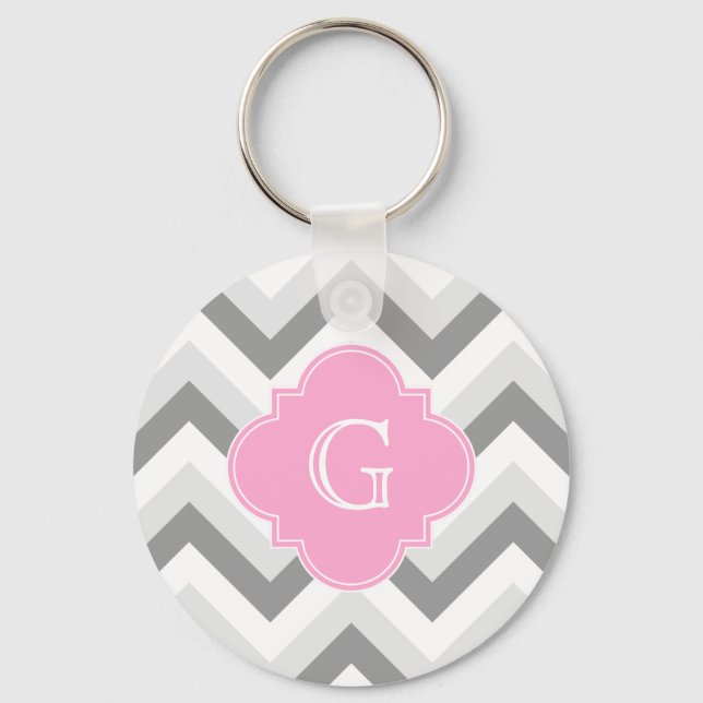 Två Grått White Chevron Rosa Quatrefoil Monogram Nyckelring (Framsida)