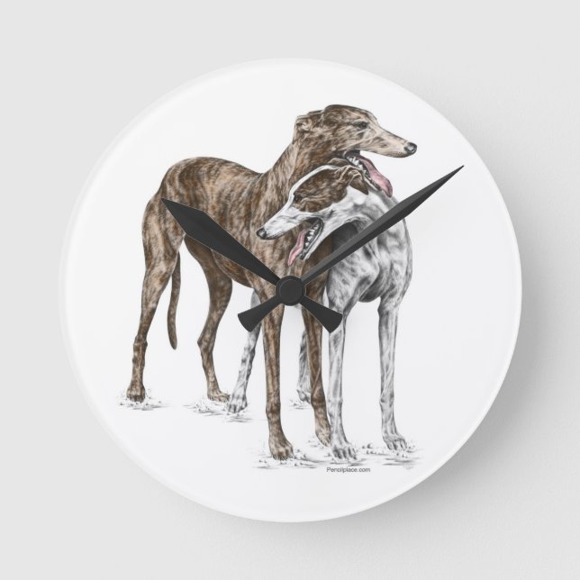 Två Greyhound Friends Hund Art Rund Klocka (Framsida)