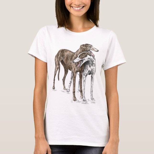 Två Greyhound Friends Hund Art T Shirt (Framsida)