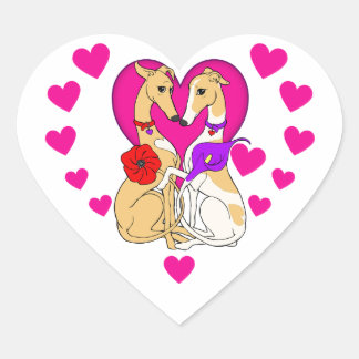Två Greyhounds Rosa Heart och Flowers Hjärtformat Klistermärke