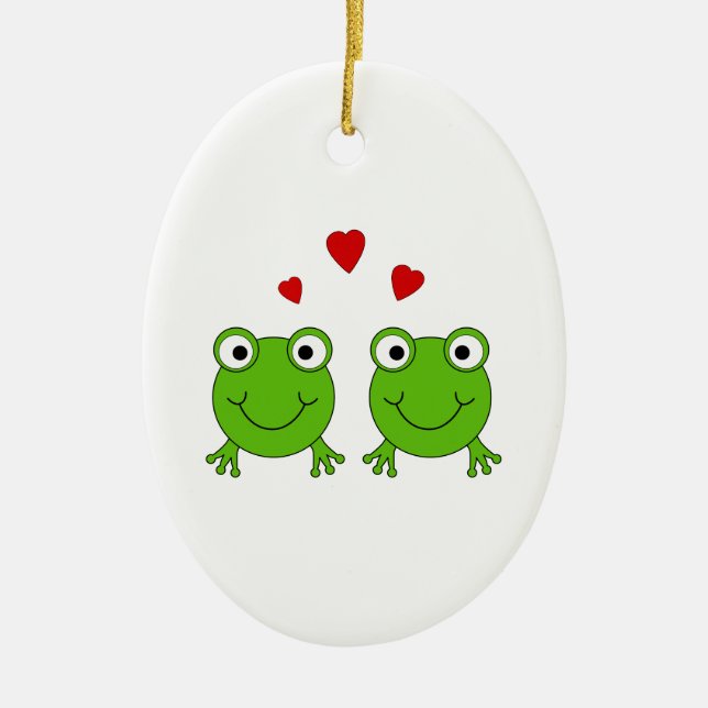 Två gröna grodor med röda hearts. julgransprydnad keramik (Framsidan)