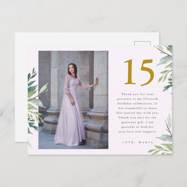 Två gröna Quinceanera- tackkort med foto och rosaf Vykort (Fram/baksida)