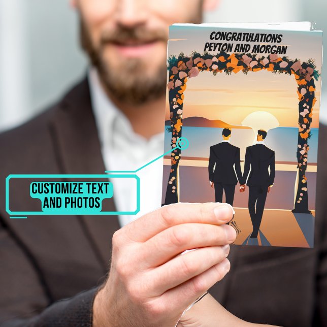 Två Groom-Bröllopsdag vid Sunset-Grattisar Kort (This lovely card is for that gay couple who have entered marriage following their joyful engagement.)
