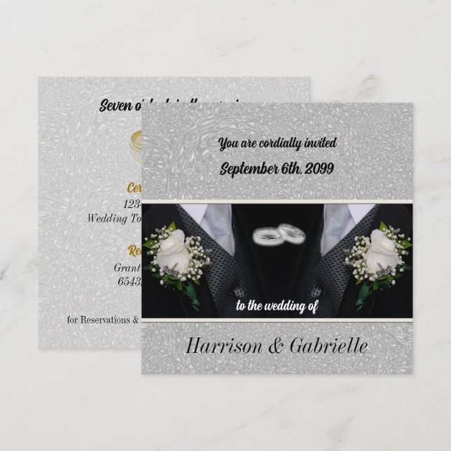Två Grooms Black Tux Gay Bröllop Inbjudningar (Fram/baksida)