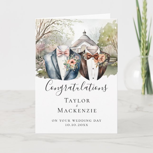 Två Grooms Garden-Grattisar på Bröllopsdag Kort (Framsida)