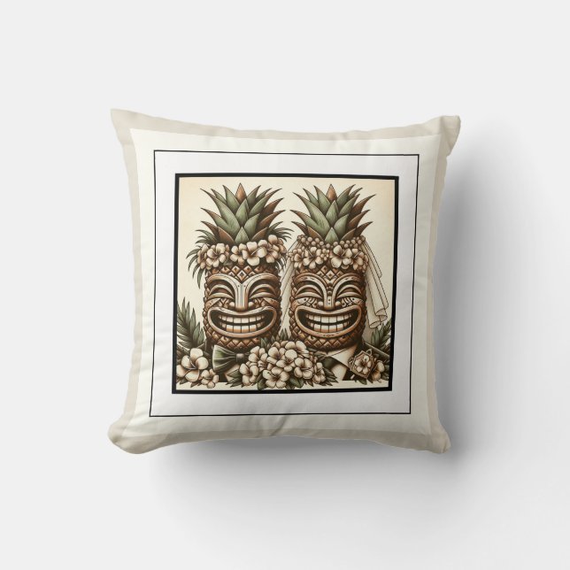 Två Grooms Gay Pineapple Tiki Head Retro Bröllop Kudde (Framsida)