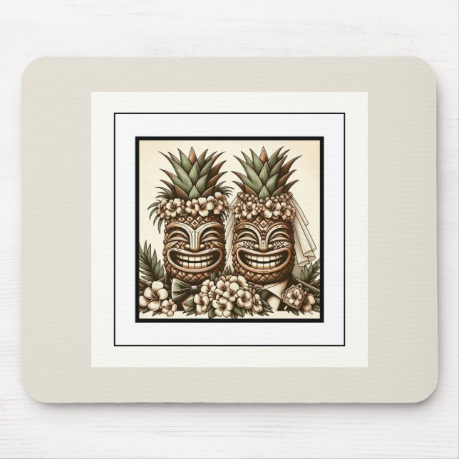 Två Grooms Gay Pineapple Tiki Head Retro Bröllop Musmatta (Framsidan)