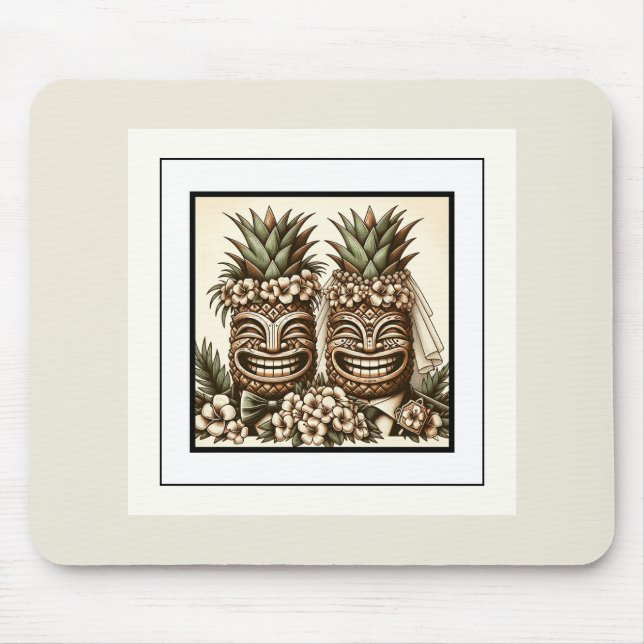 Två Grooms Gay Pineapple Tiki Head Retro Bröllop Musmatta (Framsidan)
