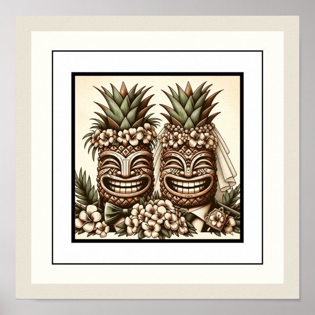 Två Grooms Gay Pineapple Tiki Head Retro Bröllop Poster (Framsidan)