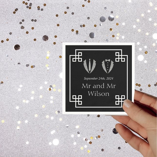 Två Grooms Gay Tuxedo Bröllop Dinner Cocktail Pappersservett (Skapare uppladdad)