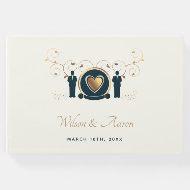 Två Grooms Male Bröllop Cream Blue HGBTQ Gästböcker (Framsida)