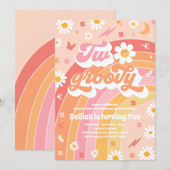 Två Groovy 2:a födelsedag Fredsborrning Kärlek Par Inbjudningar (Fram/baksida)