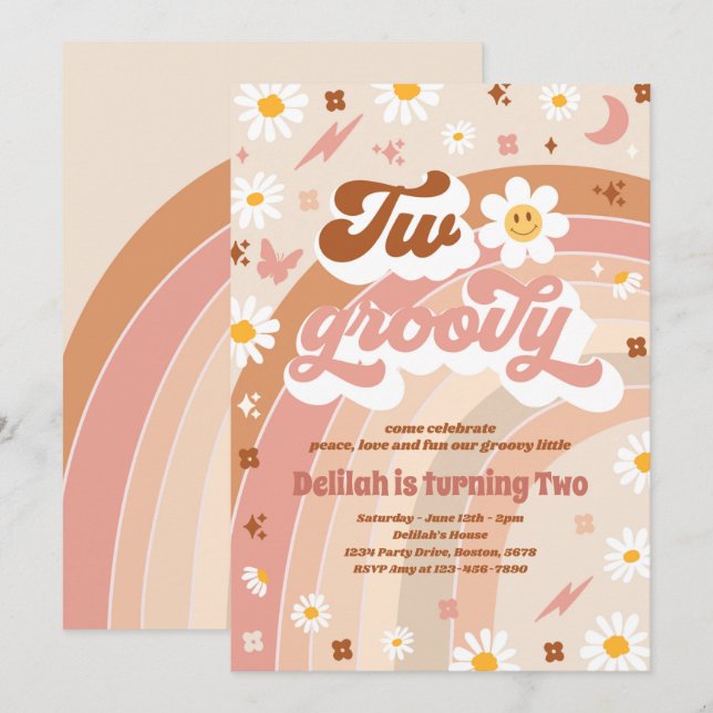 Två Groovy 2:a födelsedag Fredsborrning Kärlek Par Inbjudningar (Fram/baksida)