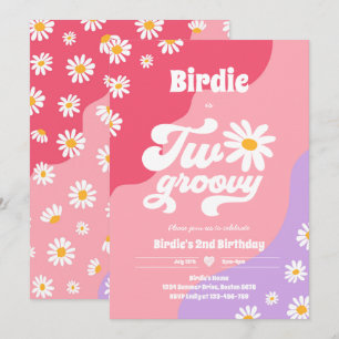 Två Groovy 2:a födelsedag Party Boho Retro Daisy Inbjudningar
