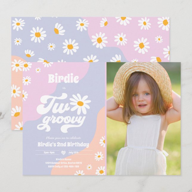 Två Groovy 2:a födelsedag Party Boho Retro Daisy Inbjudningar (Fram/baksida)