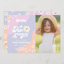 Två Groovy 2:a födelsedag Party Boho Retro Daisy Inbjudningar
