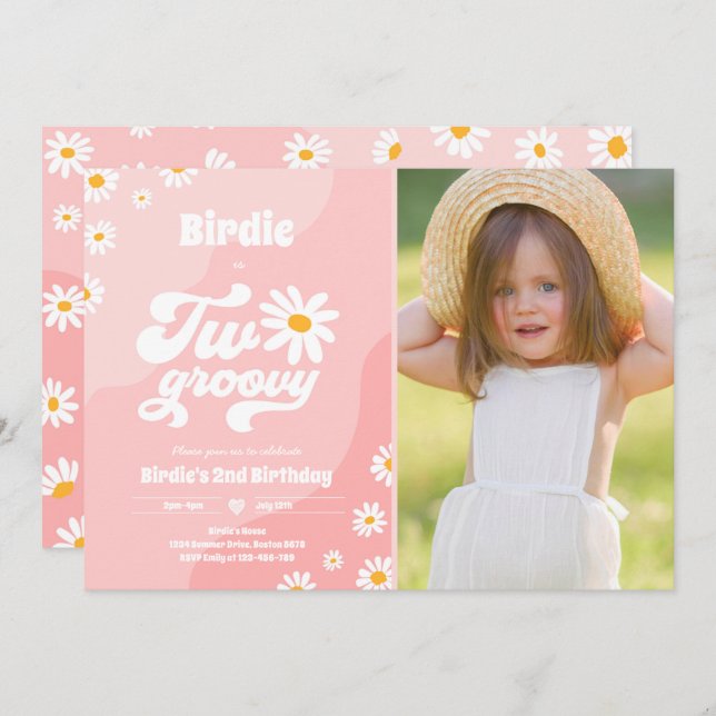 Två Groovy 2:a födelsedag Party Boho Retro Daisy Inbjudningar (Fram/baksida)