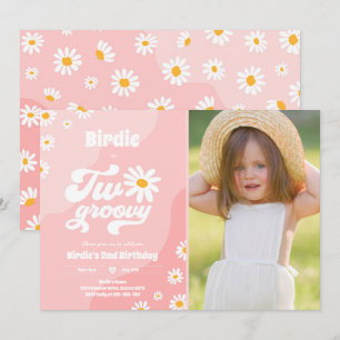 Två Groovy 2:a födelsedag Party Boho Retro Daisy Inbjudningar