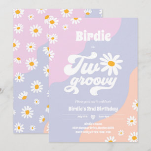 Två Groovy 2:a födelsedag Party Boho Retro Daisy Inbjudningar