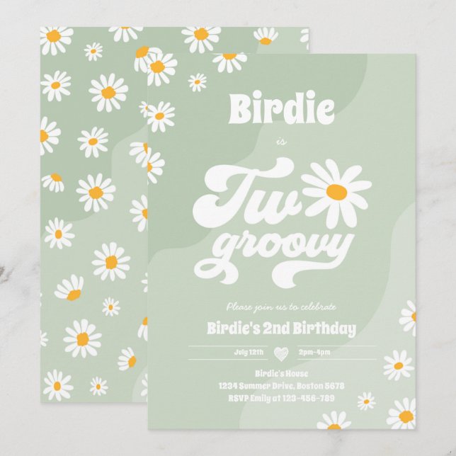 Två Groovy 2:a födelsedag Party Boho Retro Daisy Inbjudningar (Fram/baksida)