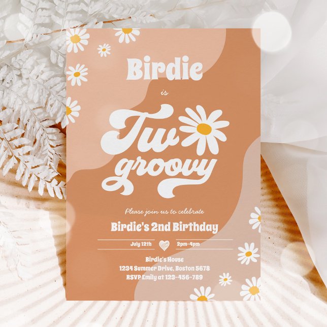 Två Groovy 2:a födelsedag Party Boho Retro Daisy Inbjudningar (Skapare uppladdad)