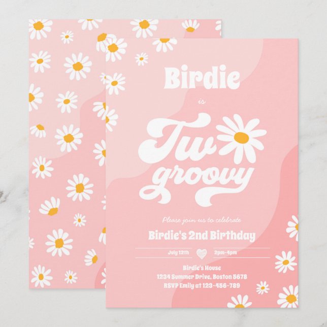 Två Groovy 2:a födelsedag Party Boho Retro Daisy Inbjudningar (Fram/baksida)