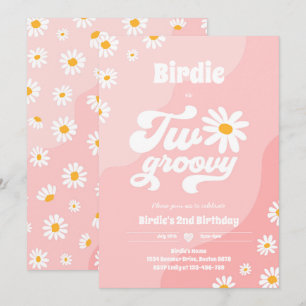 Två Groovy 2:a födelsedag Party Boho Retro Daisy Inbjudningar