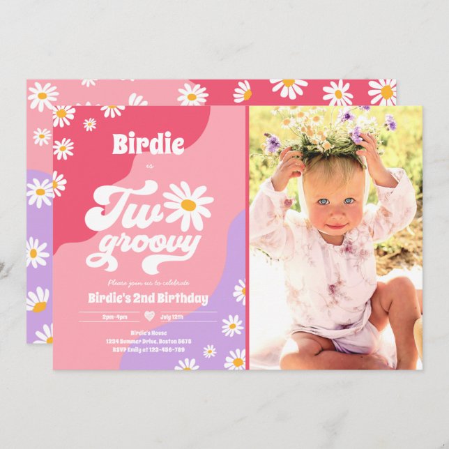 Två Groovy 2:a födelsedag Party Boho Retro Daisy Inbjudningar (Fram/baksida)