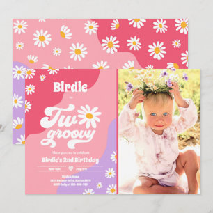 Två Groovy 2:a födelsedag Party Boho Retro Daisy Inbjudningar