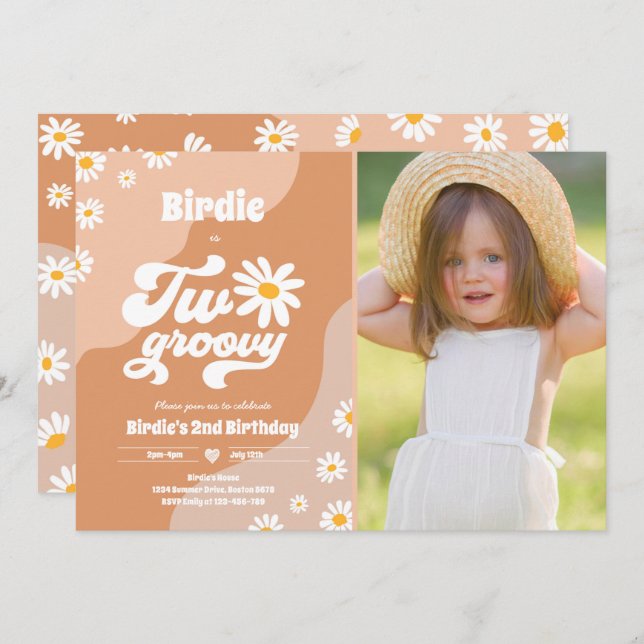 Två Groovy 2:a födelsedag Party Boho Retro Daisy Inbjudningar (Fram/baksida)