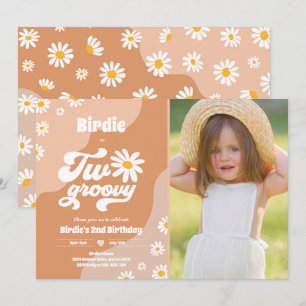 Två Groovy 2:a födelsedag Party Boho Retro Daisy Inbjudningar