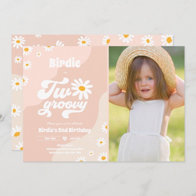 Två Groovy 2:a födelsedag Party Boho Retro Daisy Inbjudningar (Fram/baksida)