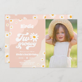Två Groovy 2:a födelsedag Party Boho Retro Daisy Inbjudningar