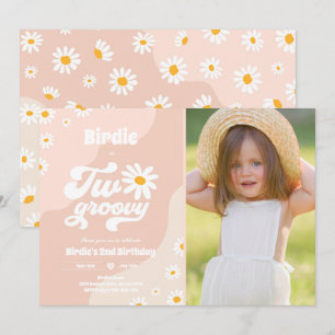 Två Groovy 2:a födelsedag Party Boho Retro Daisy Inbjudningar