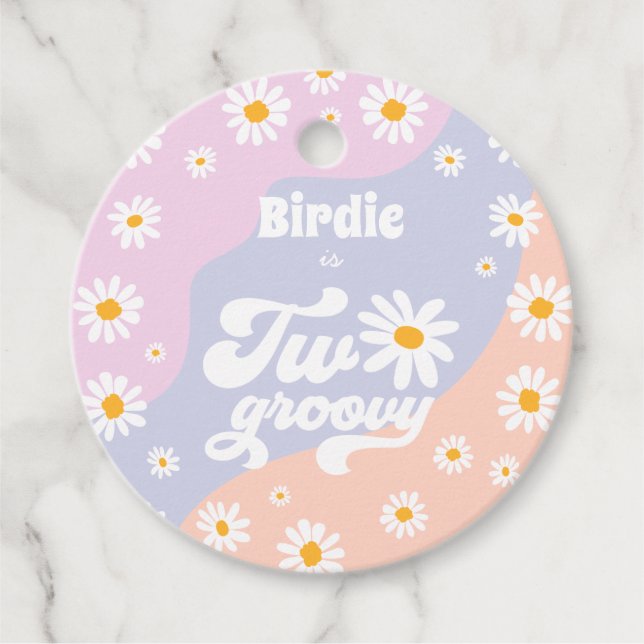 Två Groovy 2:a födelsedag Party Retro Daisy Party Gåvor Etiketter (Framsida)