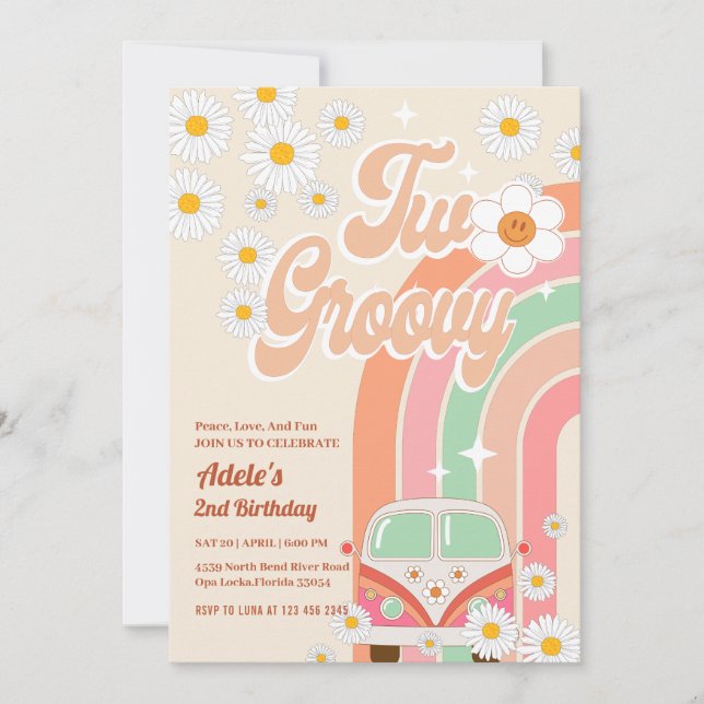 Två Groovy 2:a födelsedag Rosa Daisy Rainbow Van Inbjudningar (Framsida)
