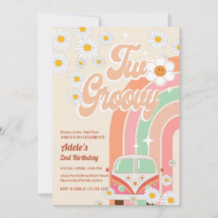 Två Groovy 2:a födelsedag Rosa Daisy Rainbow Van Inbjudningar