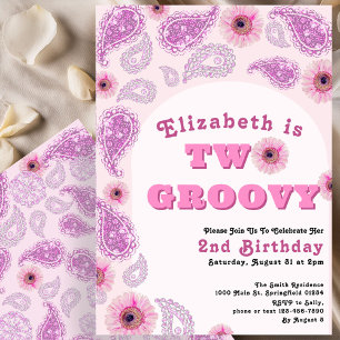 Två Groovy 2:a födelsedag Rosa Paisley Flower Powe Inbjudningar