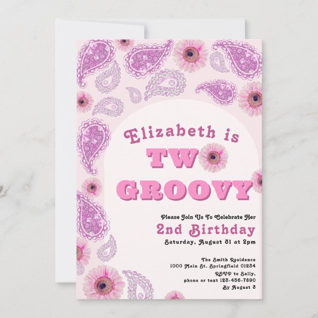Två Groovy 2:a födelsedag Rosa Paisley Flower Powe Inbjudningar (Framsida)